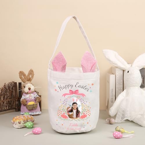 Personalized Bunny Ears Bucket Bag with Custom Name Photo-Easter Bag with Handle-Soft Egg Basket for Kids -Customized Easter Basket-Great for Carrying Gift Easter Eggs (Pink-Photo) - Image 4