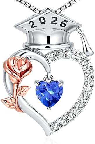 SLOONG College Graduation Gifts for Her, S925 Sterling Silver Heart Birthstone Graduation Cap Rose Necklace, Class of 2026 High School College Graduation Gifts for Her by sloong