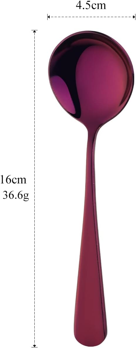 Buyer Star 8 Pieces Stainless Steel Round Soup Spoon, 6.3 Inch Mirror Polished Spoon Cutlery, Dishwasher Safe (Purple)