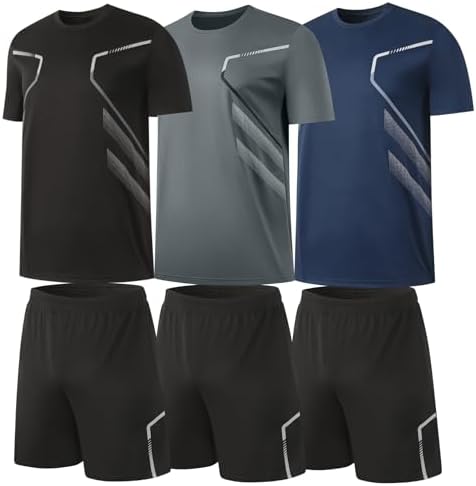 BUYJYA 3 Pack Men's Gym Shorts Shirt Set Workout Athletic Basketball Running Football Elastic Waist with Pocket Gifts by BUYJYA