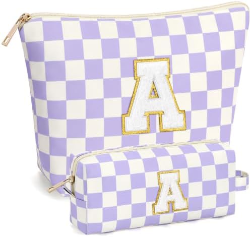 mibasies 2 PCS Initial Makeup Bags for Women: Cosmetic Bag for Travel Toiletry - Birthday Gifts for Teen Girl Gifts Trendy Stuff - Graduation Teacher Gift for Girlfriend -Checkered Purple A by mibasies
