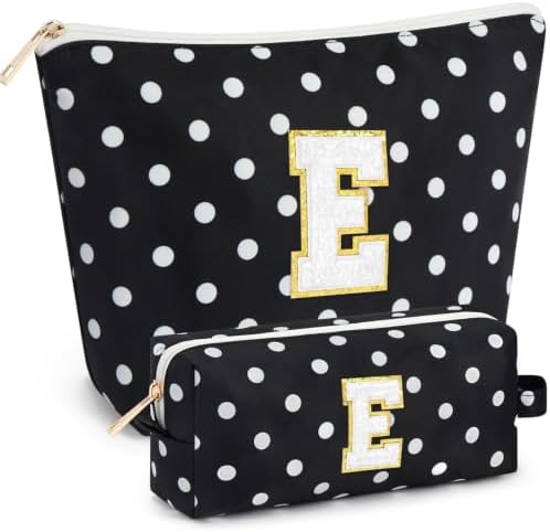 mibasies 2 PCS Initial Makeup Bags for Women: Cosmetic Bag for Travel Toiletry - Birthday Gifts for Teen Girl Gifts Trendy Stuff - Graduation Teacher Gift for Girlfriend -Polka Dot Black E by mibasies