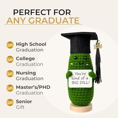 Graduation Gifts 2026 for Her & Him, Funny Handmade Crochet Graduation Pickle with Cap, 2026 Charm & Wooden Stand, Cute Class of 2026 Senior Gift for High School College Grad, Big Dill Congrats Gift - Image 4