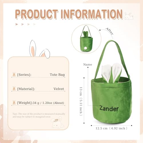 Personalized Bunny Ears Bucket Bag with Custom Name Photo-Easter Bag with Handle-Soft Egg Basket for Kids -Customized Easter Basket-Great for Carrying Gift Easter Eggs (Green-r) - Image 2