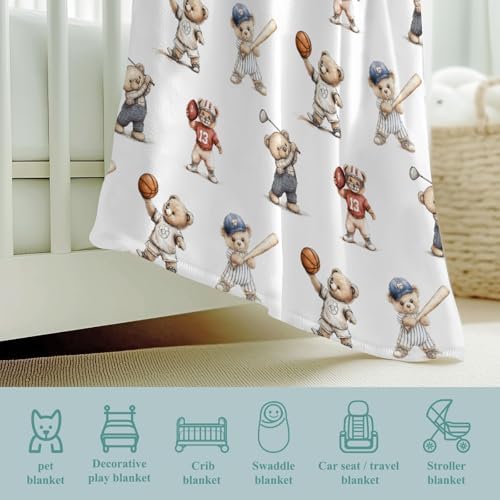 Cute Sport Bears Golf Baseball Basketball Baby Boy Girl Blankets Sports Lover Gift White Flannel Fluffy Blanket for Baby Breathable Toddler Blanket for Crib Stroller Bed Travel Beige 40x50inch - Image 4