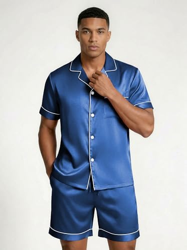 Ekouaer Mens Silk Satin Pajamas Set Short Sleeve Button Up Lounge Pjs Set - Image 3