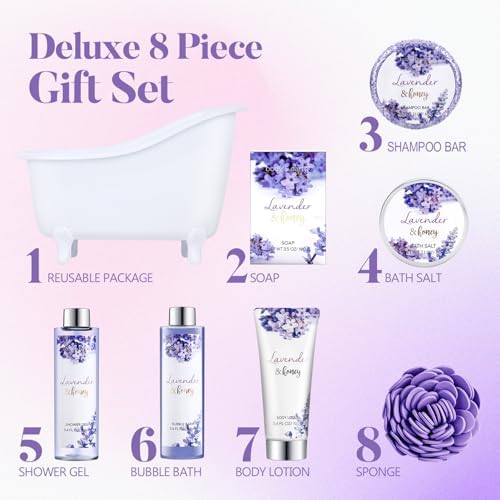 Bath and Body Gift Set - Lavender Gifts for Women, Body & Earth Bath & Shower Sets, 8 Pcs Lavender Honey Gift Sets with Bubble Bath, Lotion Set, Soap, Spa Kit for Women, Christmas Gifts for Mom - Image 2