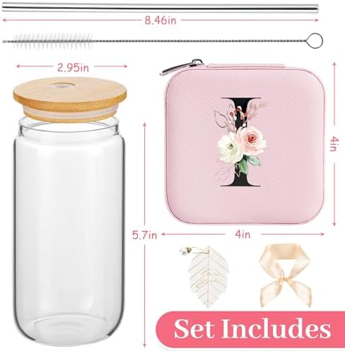 AYGXU Small Travel Jewelry Case, Portable Jewelry Box, Organizer Storage Holder Box, Iced Coffee Cute Tumbler Cup, Bamboo Lids for Glass, Teacher Gifts for Women, Initial I Pink - Image 2