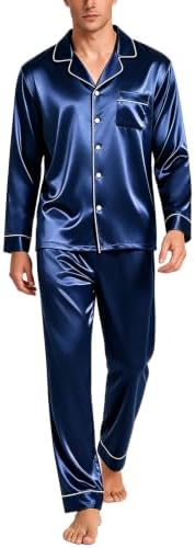 SWOMOG Mens Silk Satin Pajamas Set Long Sleeve Sleepwear Button-Down Pj Two-piece Loungewear with Long Pants S-XXL by SWOMOG