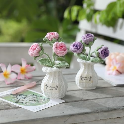 Crochet Rose Flower Potted Plant – Pink, for Her, Handmade Knitted Romantic Desk Decor - Image 2