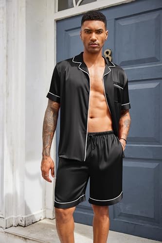Ekouaer Mens Silk Satin Pajamas Set Short Sleeve Button Up Lounge Pjs Set - Image 3