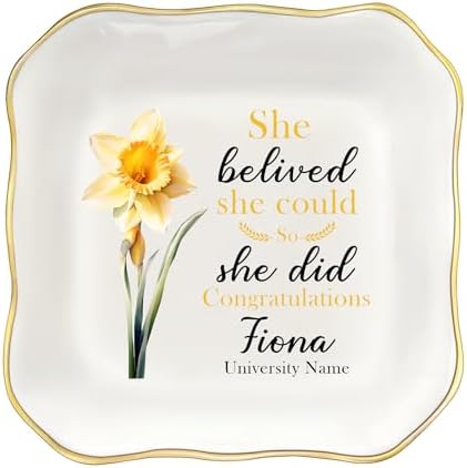 College and High School Graduation Gift for Her, Personalized Graduation Jewelry Dish Class of 2026, Ceramic Ring Tray 4.3x4.3 inches, Customizable Names and Birth Month Flowers by Unknown