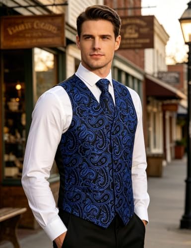 DiBanGu Mens Vest and Tie Set Formal Paisley Waistcoat and Necktie Pocket Square Cufflinks Silk Suit Vest for Tuxedo Wedding - Image 3