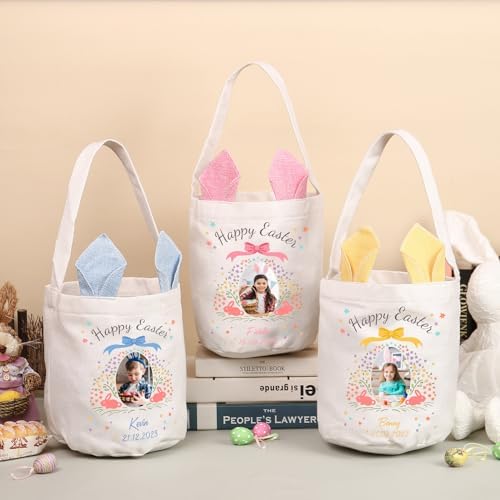 Personalized Bunny Ears Bucket Bag with Custom Name Photo-Easter Bag with Handle-Soft Egg Basket for Kids -Customized Easter Basket-Great for Carrying Gift Easter Eggs (Pink-Photo) - Image 6