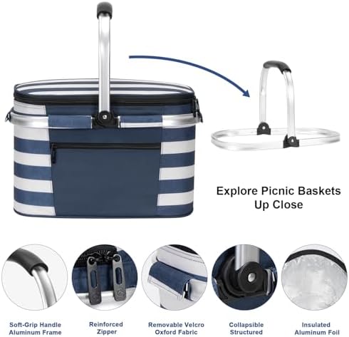 ALLCAMP Picnic Basket, 22L Insulated Cooler Foldable, Thick, Blue White - Image 5