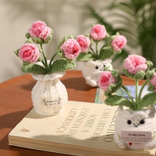 Crochet Rose Flower Potted Plant – Pink, for Her, Handmade Knitted Romantic Desk Decor - Image 3