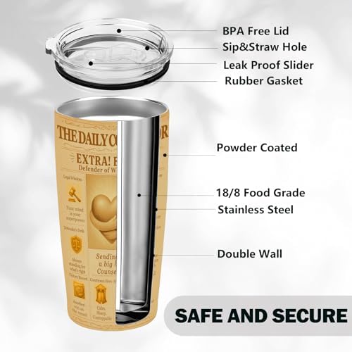 Lawyer Gift Counselor Tumbler 20oz – Vintage Newspaper Style Insulated Stainless Steel Travel Mug – Attorney Appreciation, Bar Exam & Law School Graduation Gift for Women and Men - Image 5