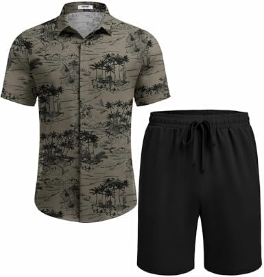 COOFANDY Men's Summer Beach Outfits 2 Piece Short Sleeve Shirts and Shorts Vacation Texture Linen Sets for Men - Image 5