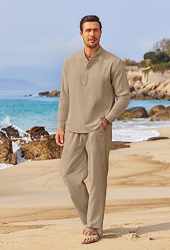 COOFANDY Men’s 2 Piece Cotton Linen Set Casual Beach Outfits Long Sleeve - Image 3