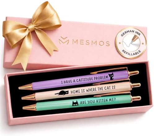 MESMOS 3pk Cute Cat Pens, Sassy and Funny Cat Lover Gifts for Women, Aesthetic Ballpoint Pens Beautifully Packaged, German-made Ink and Swiss-made Ink by MesmorizingMemoriesMoments