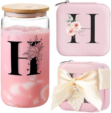 AYGXU mothers day gifts,monogram glass cup,appreciation gifts,Cute Tumbler Cup,bamboo lids for glass cups,Travel Jewelry Organizer,Teen Girls Gifts for Teenage Girls Birthday,Initial H pink by AYGXU