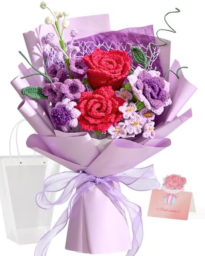 Alecono Crochet Flower Bouquet Purple and Hot Pink Handmade Knitted Rose by AleconoBetterYourLife