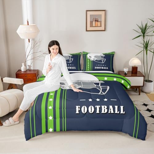 Erosebridal Queen Size Bedding Sets for Boys Gridiron Comforter Set, Football Game Sports Theme Bed Comforter Set Navy Blue Fluorescent Green Duvet Set with 2 Pillowcases - Image 2