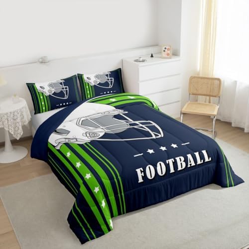 Erosebridal Queen Size Bedding Sets for Boys Gridiron Comforter Set, Football Game Sports Theme Bed Comforter Set Navy Blue Fluorescent Green Duvet Set with 2 Pillowcases - Image 4
