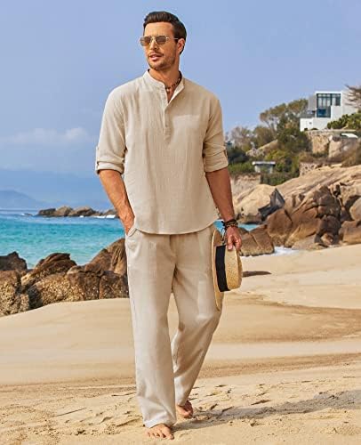COOFANDY Men’s 2 Piece Cotton Linen Set Casual Beach Outfits Long Sleeve - Image 3