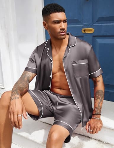 Ekouaer Mens Silk Satin Pajamas Set Short Sleeve Button Up Lounge Pjs Set - Image 5
