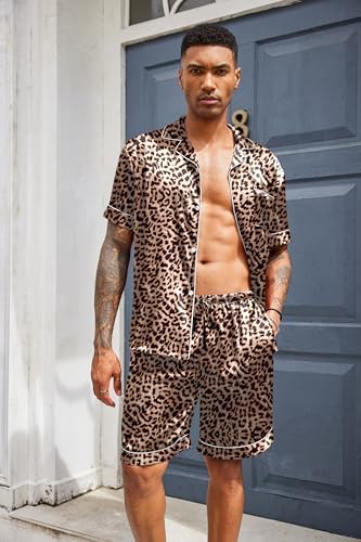 Ekouaer Mens Silk Satin Pajamas Set Short Sleeve Button Up Lounge Pjs Set - Image 3