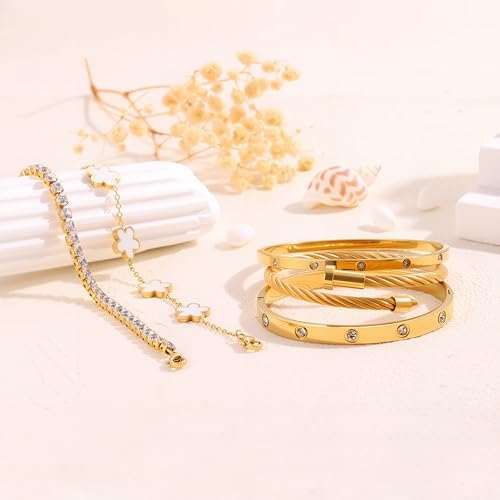 Camhanno Gold Bangle Bracelets for Women, 18K Gold Plated Stainless Steel Stackable Bangles, Non-Tarnish Trendy Jewelry, Ideal Gift for Birthday Anniversary - Image 6