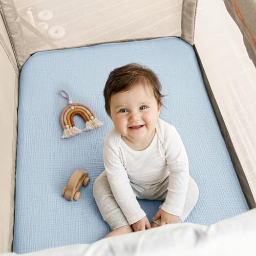 Muslin Pack and Play Sheet, 100% Cotton Playard Sheet (39"x27"), Breathable & Soft Mattress Pad Cover, Boho Blue for Boys(1 Pack) - Image 6