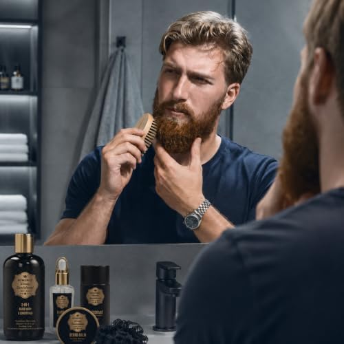 Luxury Spa Gift Basket for Men, Father's Day Gifts, Sandalwood Bath Gift Set, 2-in-1 Body Wash, Deodorant, Beard Oil, Hand Towel, Brush, Scissors, Combs, Woven Basket - Image 4