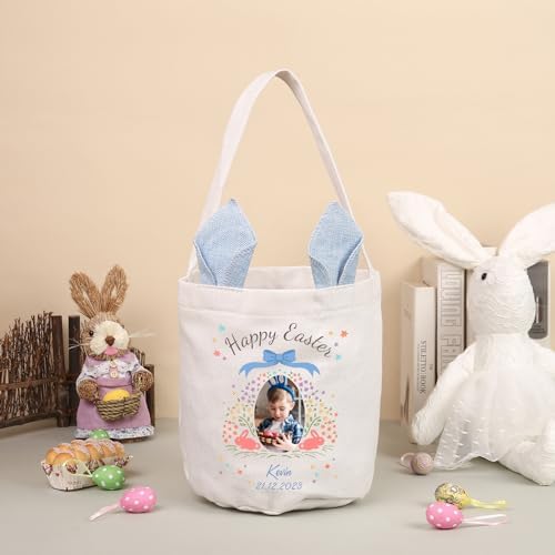 Personalized Bunny Ears Bucket Bag with Custom Name Photo-Easter Bag with Handle-Soft Egg Basket for Kids -Customized Easter Basket-Great for Carrying Gift Easter Eggs (Blue-Photo) - Image 4