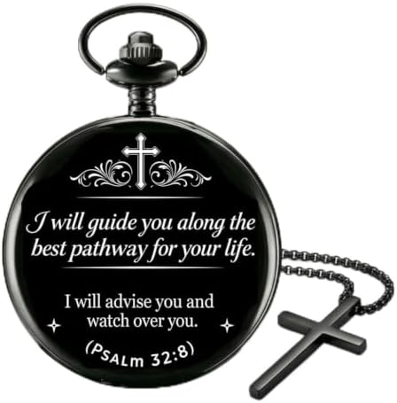 Udaney Jofanvin Christian Gifts for Men, Bible Verse Engraved Pocket Watch and Cross Necklace Set, Religious Graduation Baptism Birthday Gift for Son Grandson Dad, by Udaney