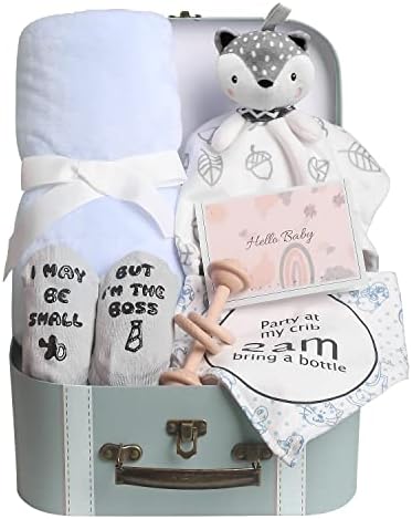 Baby Shower Gifts, Baby Boy Gifts Basket Includes Newborn Blanket Baby Lovey Security Blanket, Funny Baby Bibs Socks & Greeting Card - Baby Gift Set Newborn Shower Basket for Boys by FvntueyKidToys