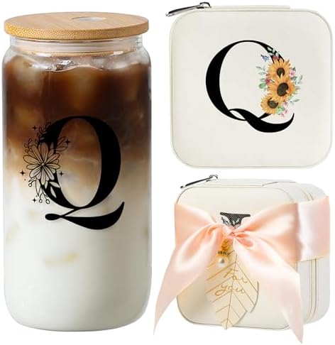 AYGXU Teacher appreciation gifts for women,glass cup with bamboo lid and straw,end of year teacher gifts,aesthetic cups,Travel Gifts for Teacher,best teacher appreciation gifts,Initial Q white by AYGXU