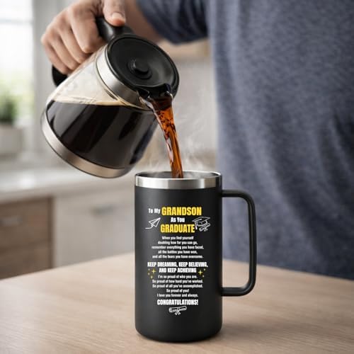 Grandson Graduation Gifts 2026, Insulated Coffee Mug with Handle 20oz, Graduation Gift for Grandson, College and High School Grad Gifts for Him, Proud Message Tumbler with Lid - Image 6