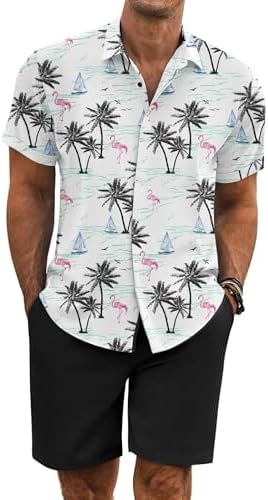COOFANDY Men's Summer Beach Outfits 2 Piece Short Sleeve Shirts and Shorts Vacation Texture Linen Sets for Men by COOFANDY