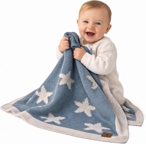 Reversible Knit Baby Blanket 30x40 in, Smoke Blue, Gift Bow by LittleDedi