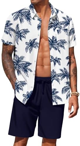 COOFANDY Men's Hawaiian 2 Piece Outfits Floral Button Down Shirt and Shorts Vacation Outfits Summer Beach Matching Set by COOFANDY