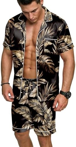 Ekouaer Mens Silk Satin Pajamas Set Short Sleeve Button Up Lounge Pjs Set by EKOUAER