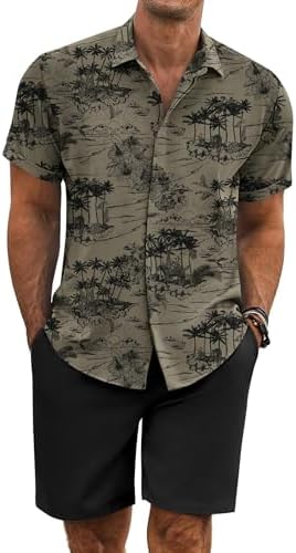 COOFANDY Men's Summer Beach Outfits 2 Piece Short Sleeve Shirts and Shorts Vacation Texture Linen Sets for Men by COOFANDY