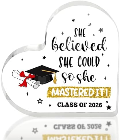 Graduate Gifts Class of 2026 Plaque, College Graduation Gifts for Her Women, Inspirational Graduation Gift, Masters Graduate Grad Keepsake for Masters Degree Heart Acrylic Paperweight, She Mastered It by TRUMPETIC