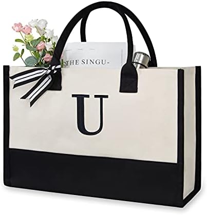 TOPDesign Personalized Initial Canvas Beach Bag, Monogrammed Gift Tote Bag for Women by TOPDesign