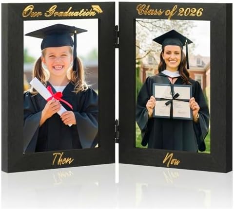 Amyhill Graduation Frame Class of 2026 Decor Then and Now Picture Frame Double 4x6 Photos Foldable Wooden Graduation Gift for College High School Graduate Party Decoration Keepsake by Amyhill