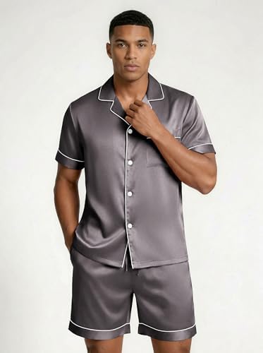 Ekouaer Mens Silk Satin Pajamas Set Short Sleeve Button Up Lounge Pjs Set - Image 3