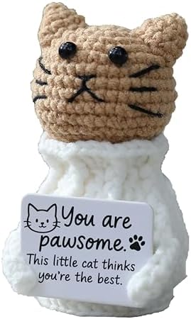 Positive Crochet Animals Cat – “You are Pawsome” Valentines Day Crochet Gift for Her Teens Women Adults Mom, Emotional Support Animal, Teacher Appreciation, Birthday Gift, Desk & Home Decor by YOOJEE