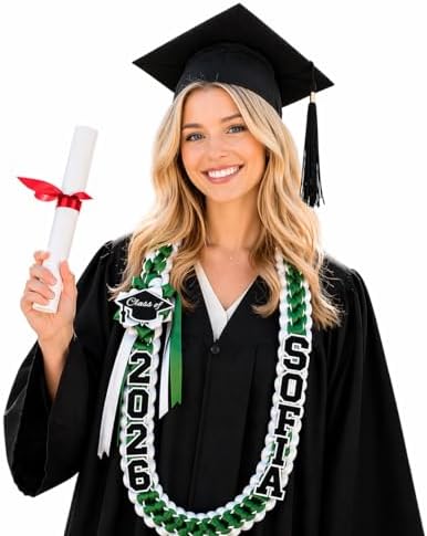 Personalized Graduation Lei 2026 – Custom Name Braided Satin Ribbon Lei Class of 2026 with Varsity Letter Patches & Graduation Cap Charm 12 School Colors | Graduation Gift for Him Her by KINDLYTOYS